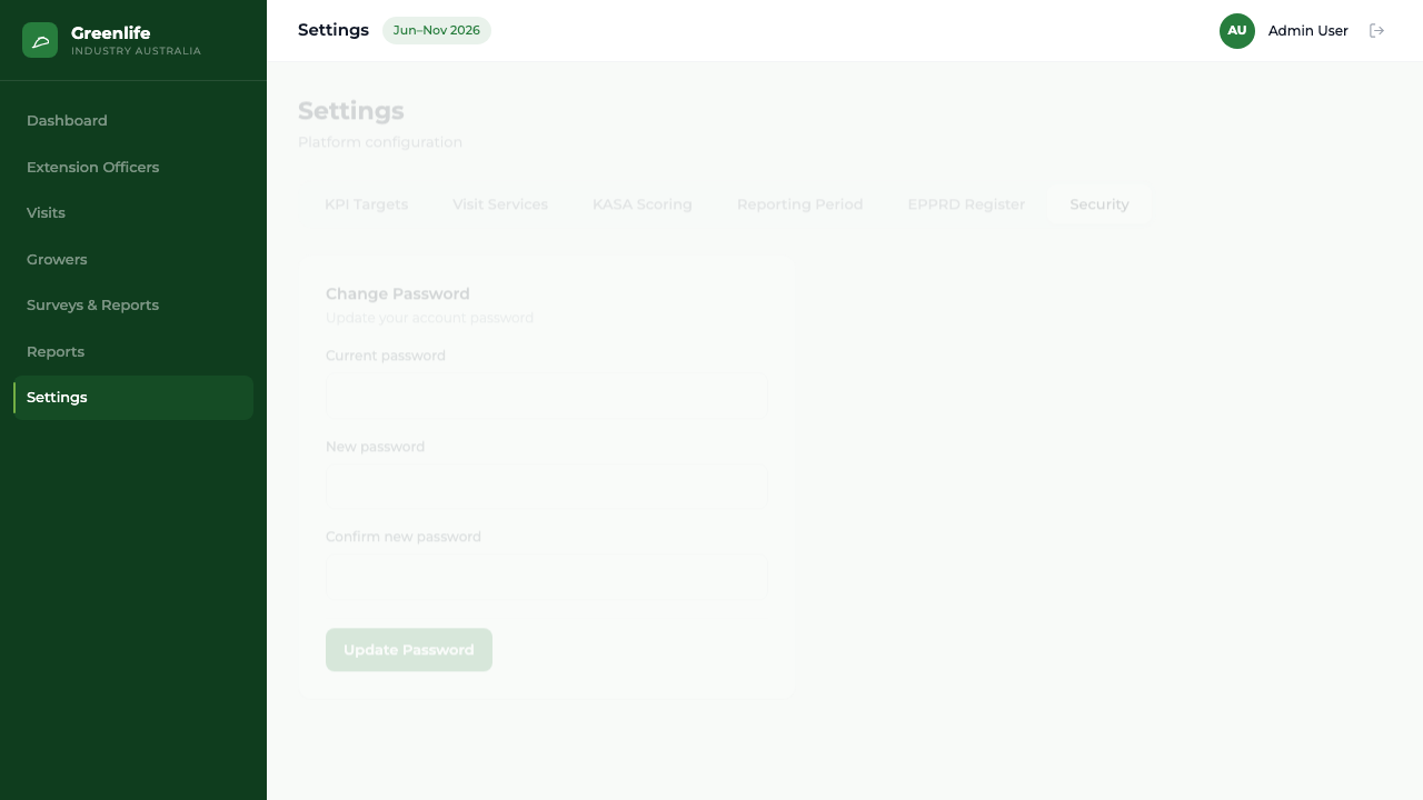 Settings Security tab with Change Password card