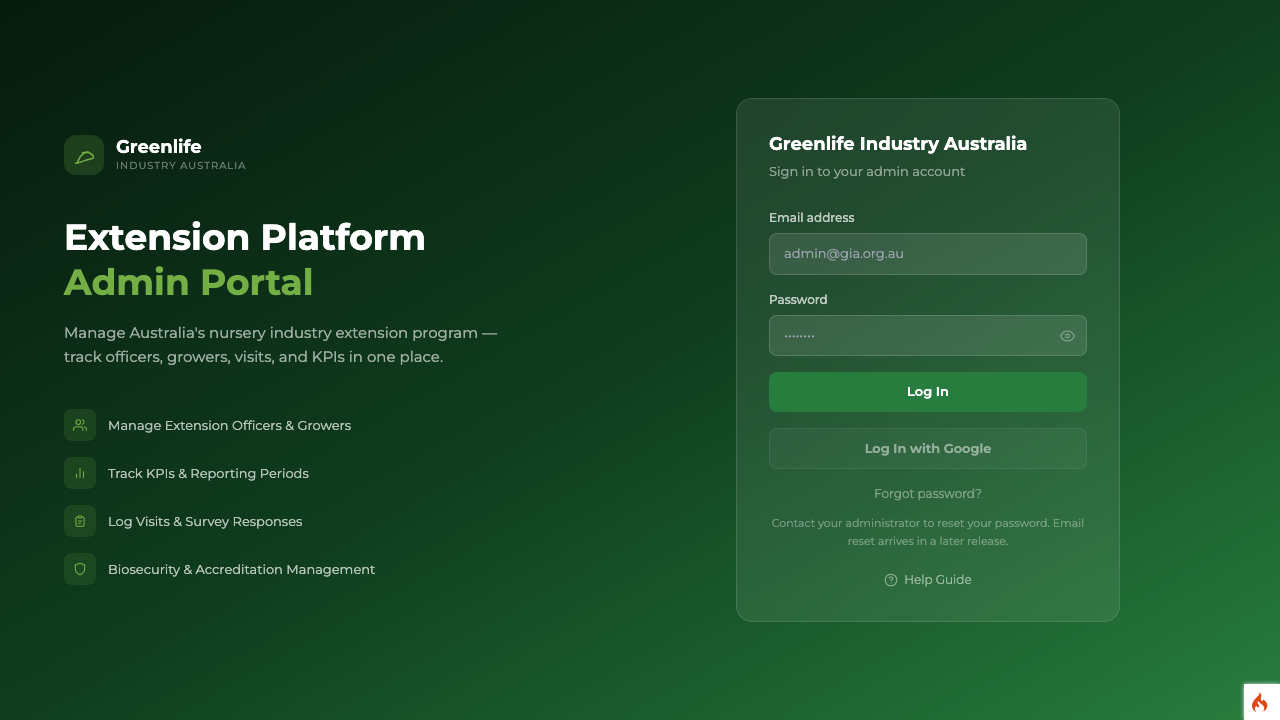 Administrator sign-in page headed Greenlife Industry Australia