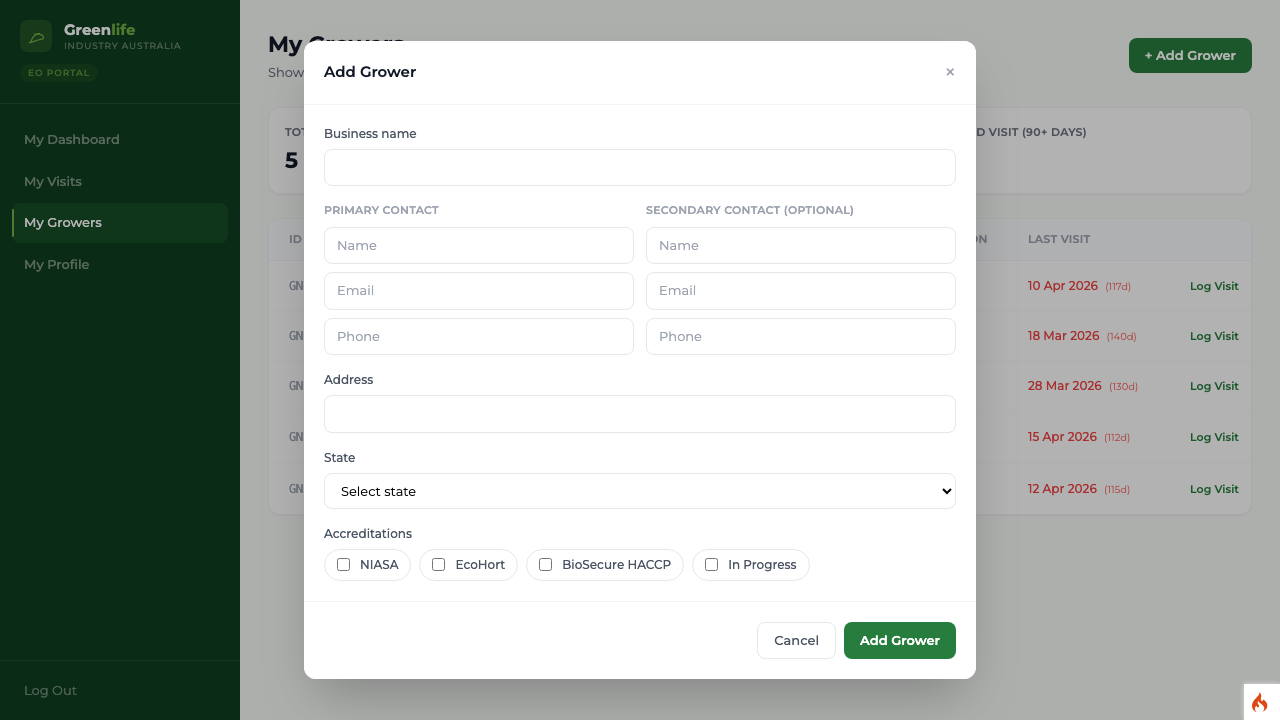 Add grower modal in the officer portal